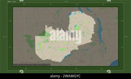 Zambia highlighted on a topographic, OSM Germany style map map with the country's capital point, cartographic grid, distance scale and map border coor Stock Photo