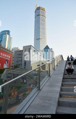 SHENZHEN, CHINA - NOVEMBER 21, 2019: Huaqiangbei pedestrian street in Shenzhen at twilight. Stock Photo