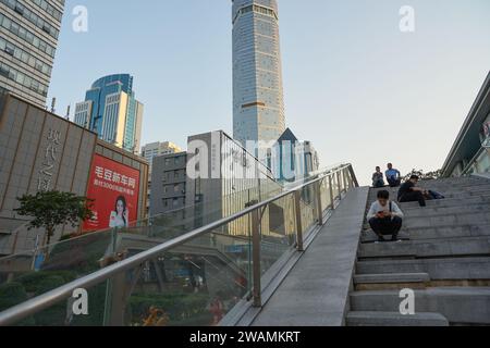 SHENZHEN, CHINA - NOVEMBER 21, 2019: Huaqiangbei pedestrian street in Shenzhen at twilight. Stock Photo