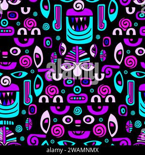 Abstract graphic colored faces seamless pattern. Ancient Inca mask. hand drawing. Not AI . Vector illustration Stock Vector