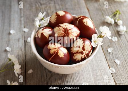 Easter eggs dyed with onion peels in a bowl with cherry blossoms Stock Photo