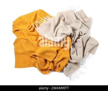 Two soft warm blankets isolated on white, top view Stock Photo