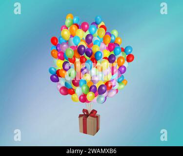 Many balloons tied to gift box on bright background Stock Photo