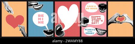 Valentines day halftone collage posters set vector illustration Stock Vector