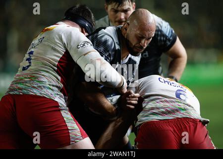 Newcastle, UK. 05th Jan, 2024. Kiran McDonald of Newcastle Falcons is held during the Gallagher Premiership match between Newcastle Falcons and Harlequins at Kingston Park, Newcastle on Friday 5th January 2024. (Photo: Chris Lishman | MI News) Credit: MI News & Sport /Alamy Live News Stock Photo