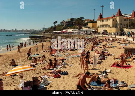 View of the Estoril waterfront, Poças beach and the yellow building of the popular education children's colony, in Estoril, Portugal, Europe Stock Photo