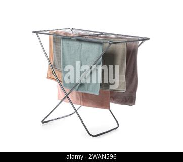Dryer with clean towels on white background Stock Photo