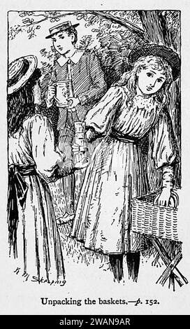 Illustrations by K. M. Skeaping for the Holiday Prize by E. D. Adams-pg-152-Unpacking the baskets. Stock Photo