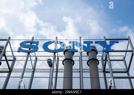 Prague,CZ -27 April 2023: Logo on SONY  Headquarters In Prague. Concept tech Corporation. EDITORIAL Stock Photo