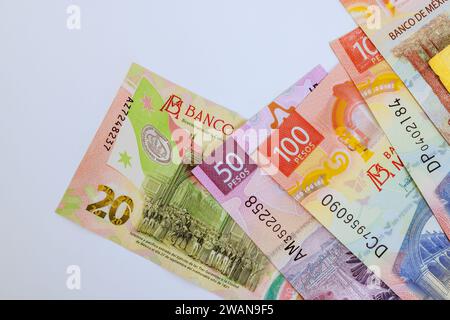 Variety of Mexican currency, including 500, 200, 50, 20 pesos MXN banknotes bills Stock Photo