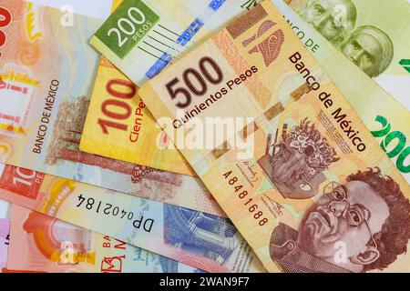Mexican currency in form of banknotes bills denominations of 500, 200, 50, 20 pesos. Stock Photo