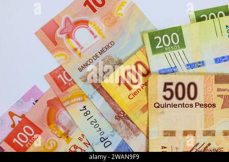 Different Mexican money currency 500, 200, 50, 20 pesos MXN banknotes bills Stock Photo