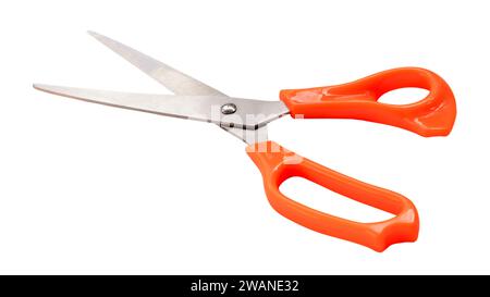 multipurpose scissors with orange handle is isolated on white background with clipping path. Stock Photo