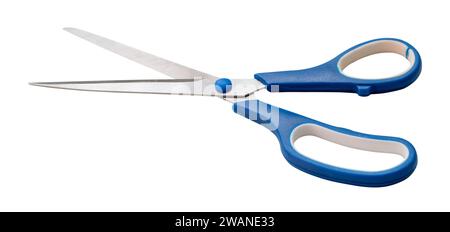 Multipurpose scissors with blue handle is isolated on white background with clipping path. Stock Photo