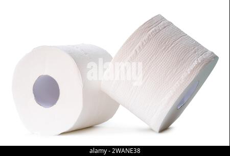 Tissue papers or toilet paper rolls in stack or pile are isolated on white background with clipping path. Stock Photo