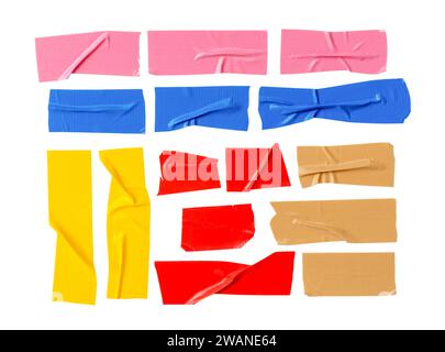 Top view set of torn multicolor adhesive vinyl or cloth tape in stripes is isolated on white background with clipping path. Stock Photo