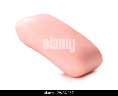 Front view of dry pink soap bar is isolated on white background with clipping path. Stock Photo