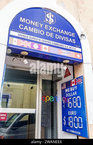 Merida Mexico,centro historico central historic district,money exchange dollar euro,outside exterior,building front entrance,two 2 languages multiple, Stock Photo