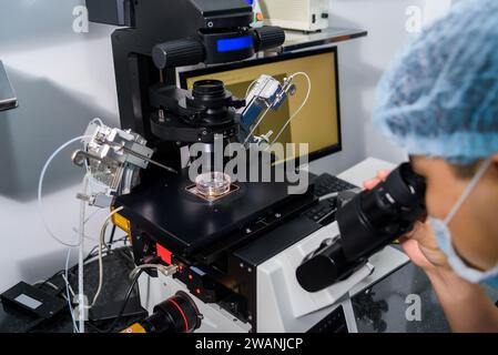 Doctor using IVF micromanipulator with Petri Dish on it for insemination of the egg in the laboratory of the in vitro fertilization. Stock Photo