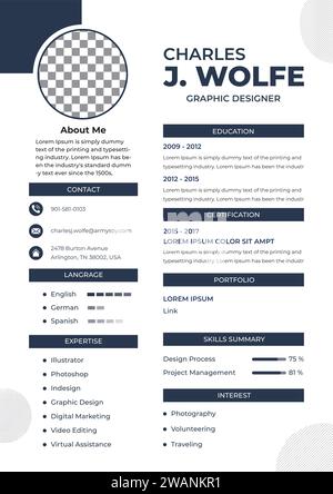 Professional Resume CV template. Resume Cover Letter Template CV with Photo Curriculum vitae template. Stock Vector