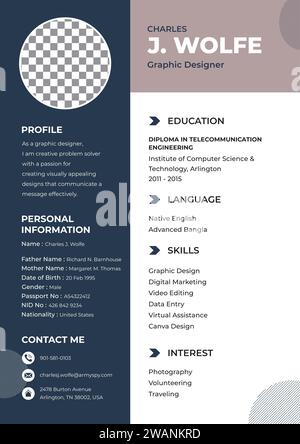Professional Resume CV template. Resume Cover Letter Template CV with Photo Curriculum vitae template. Stock Vector