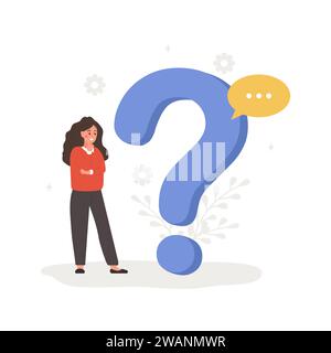 Frequently asked questions concept. Woman with large question mark search for answers. Customer support and online help service. FAQ and guides Stock Vector