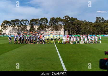 Bundoora, Australia. 6 January, 2024. Left to Right: Melbourne Victory FC, Match Officials, Western United FC xduring the Isuzu UTE A-League match between Melbourne Victory FC and Western United FC at the Home of the Matildas in Bundoora, Australia. Credit: James Forrester/Alamy Live News Stock Photo