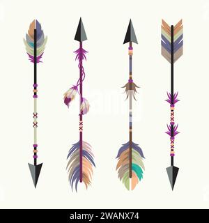Vector set of colorful ethnic arrows, Hand drawn feather arrow, tribal feathers on pointer and decorative bow vector Stock Vector
