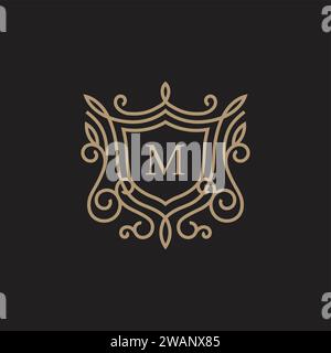 Premium linear shield monogram letter M logotype. Elegant crest leaf stamp icon vector logo. Luxury alphabet frame symbol. Stock Vector