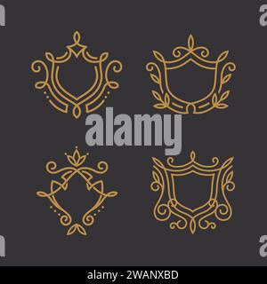 Premium linear shield monogram vector logo collection , Elegant crest leaf stamp icon vector logo, Flourishes calligraphic monogram emblem template. Stock Vector
