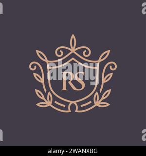 luxury linear shield with floral monogram letter RS logotype. Elegant crest leaf stamp vector logo. Luxury alphabet frame symbol. Stock Vector