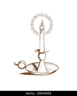 Hand drawn burning candle in vintage candlestick with rays of light vector illustration Stock Vector
