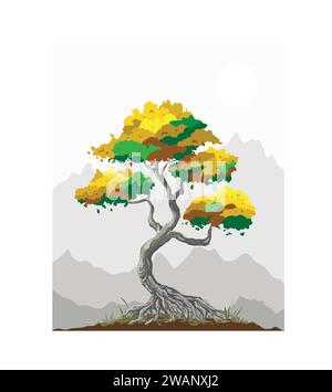 Green Old Tree Bonsai Miniature Traditional Japanese Garden Landscape Element Vector Illustration Stock Vector