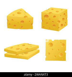 Set of cheese parts and slices isolated on a white background. Cheese flat icon. Vector Head of cheese in flat style isolated on white background Stock Vector