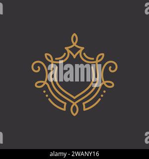 Premium linear shield monogram. Elegant crest leaf stamp icon vector logo. Luxury alphabet frame symbol. Stock Vector