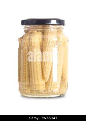 Baby corn, pickled in a glass jar. Also known as young corn, cornlettes or baby sweetcorn. Pasteurized and preserved in a brine. Stock Photo
