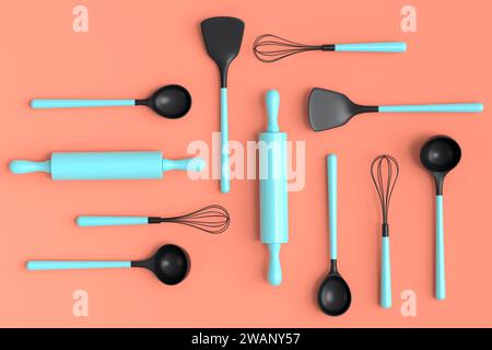 Wooden kitchen utensils, tools and equipment on orange background. 3d render of home kitchen tools and accessories for cooking Stock Photo