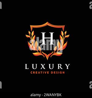 Golden Luxury H Initial Letter Logo Design Template with Shield and Floral Vintage Ornament Stock Vector
