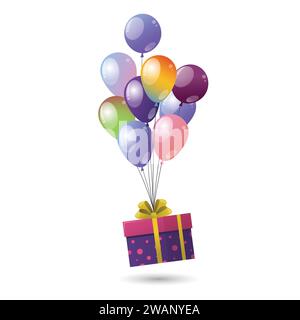 Gift box with colorful balloons air floating vector illustration, bunch of colorful balloons and a gift box Stock Vector