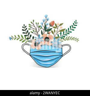 Medical blue face protective mask with colorful flowers vector illustration Stock Vector