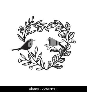Silhouette of heart or love wreath with birds sitting on branches, Vector floral illustration Stock Vector