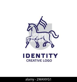 Horse with a flag logo and shield background design template in linear style. Vector illustration Stock Vector