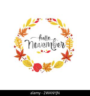 Hello November handwritten lettering vector text in wreath with autumn leaves Stock Vector