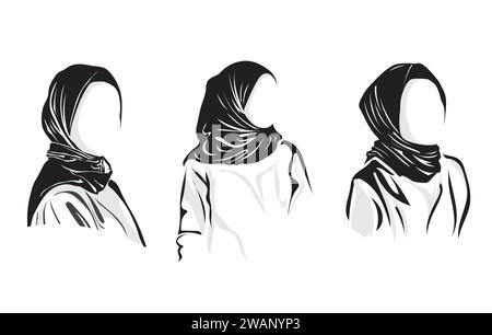 Vector Silhouette Drawing of Muslim Woman with Hijab . Set of Elegant Muslim fashion logo template, Stock Vector