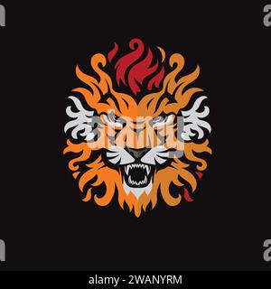 abstract angry lion fire head color vector illustration, abstract lion head with fire logo vector Stock Vector