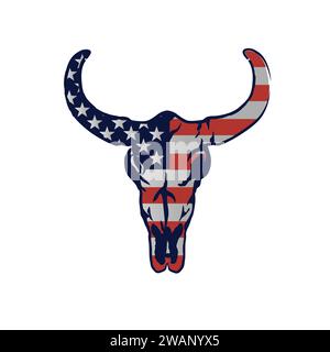 Colored illustration of a buffalo skull with flag Stock Vector