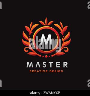 Golden Luxury H Initial Letter Logo Design Template with circle frame and Floral Vintage Ornament Stock Vector