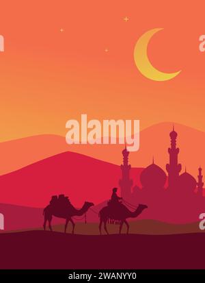 Man riding camel with mosque in the Desert Background, silhouette vector illustration, Islam or Ramadan concept Free Vector Stock Vector
