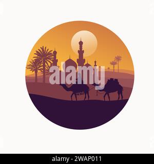 Man riding camel with mosque in the Desert in circle Background Stock Vector