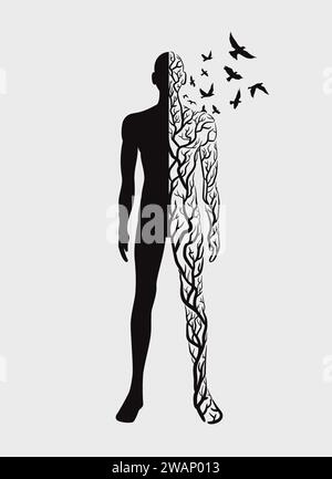 man and nature life , black and white hand drawing vector illustration Stock Vector
